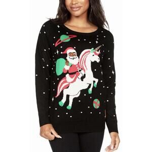 Tipsy Elves Santa Unicorn Ugly Christmas Sweater, Black Santa, Size M